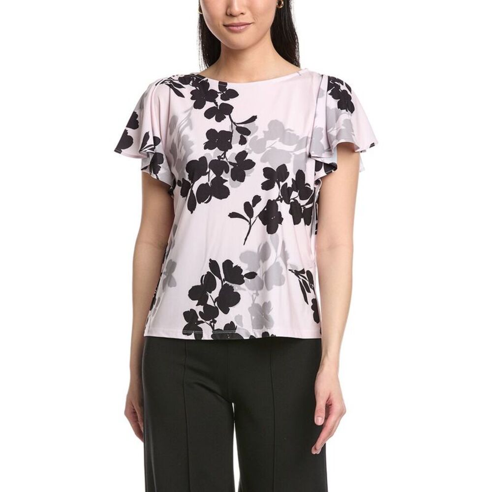Anne Klein Black and Light Pink Floral Short Sleeve Top—Like New—XL